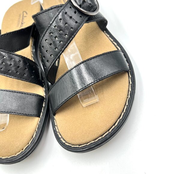 Clarks Womens Size 8 Black Leather Slip On Slides Comfort Sandals Shoes - Picture 5 of 13